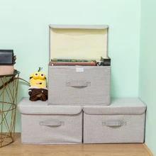 1 pieza Caja de almacenamiento plegable de tela de lino lavable para CD con tapa, organizador de juguetes, cesta de lavandería