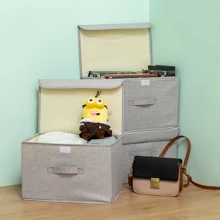 1 pieza Caja de almacenamiento plegable de tela de lino lavable para CD con tapa, organizador de juguetes, cesta de lavandería