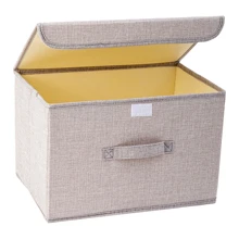 1 pieza Caja de almacenamiento plegable de tela de lino lavable para CD con tapa, organizador de juguetes, cesta de lavandería