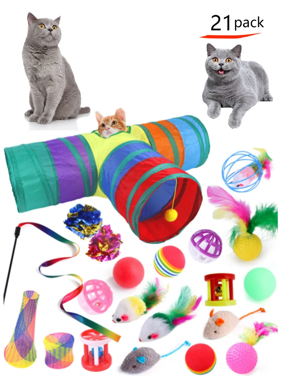 21入組貓玩具，包括三通道貓道、追逐玩具棒和老鼠玩具 - 淺藍色 - 查看 1