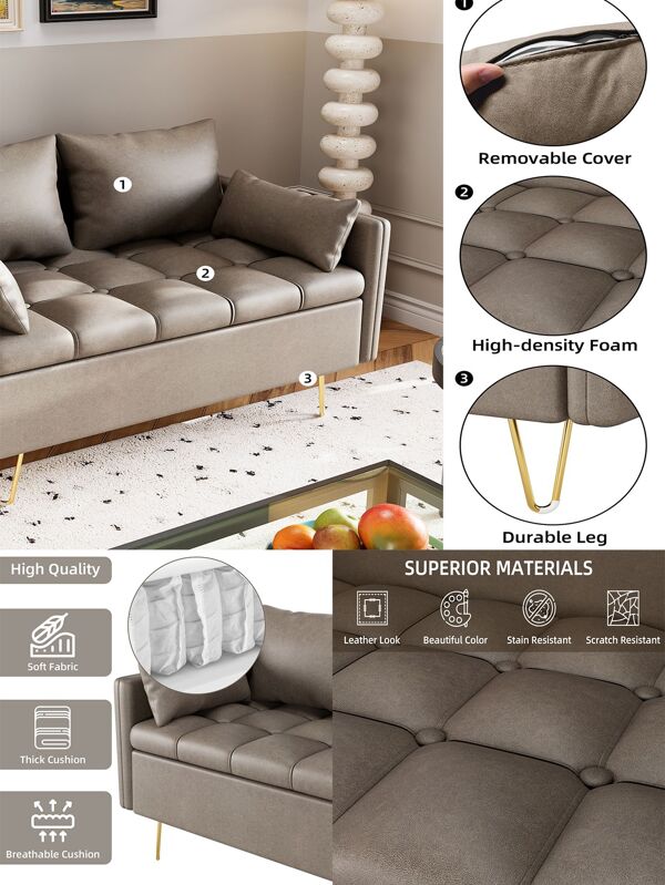 44" W Loveseat Sofas, Faux Leather Sofa Couch with Button Tufted Design and Hand Stitched, Heavy