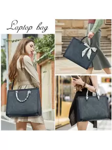 Laptop Bag For Women 15.6 Inch Laptop Tote Bag Waterproof Leather Computer Tote Bag Business Lightweight Office Briefcase Large Capacity Handbag Shoulder Bag - 藍色 - 查看 2