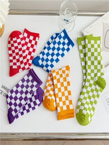 8雙棋盤格圖案中筒襪 - 彩色 - 查看 6