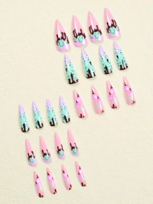 Thể hiện tình yêu của bạn với 24 chiếc dài Stiletto Cherry Pattern Full Cover Bộ móng tay giả - Nhiều màu - Xem 2