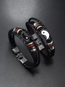 Men Yin & Yang Decor Layered Bracelet Poly Urethane