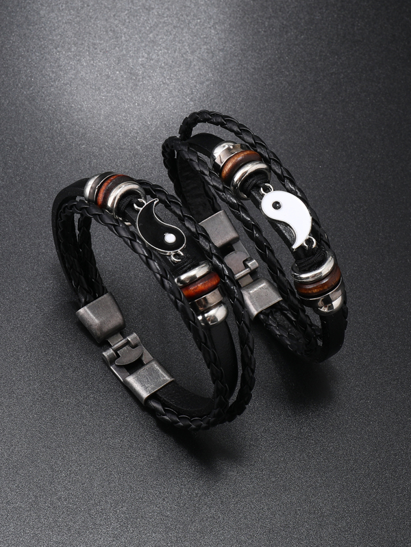 Men Yin & Yang Decor Layered Bracelet Poly Urethane