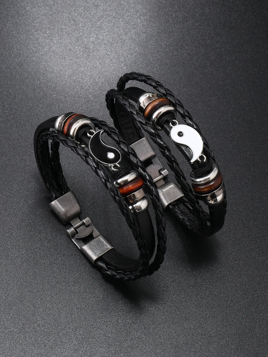 Men Yin & Yang Decor Layered Bracelet Poly Urethane