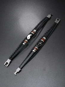 Men Yin & Yang Decor Layered Bracelet Poly Urethane