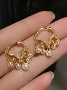 1對高端雲形耳釘,搭配流蘇和人造珍珠,營造優雅氛圍 - 金黃色 - 查看 3