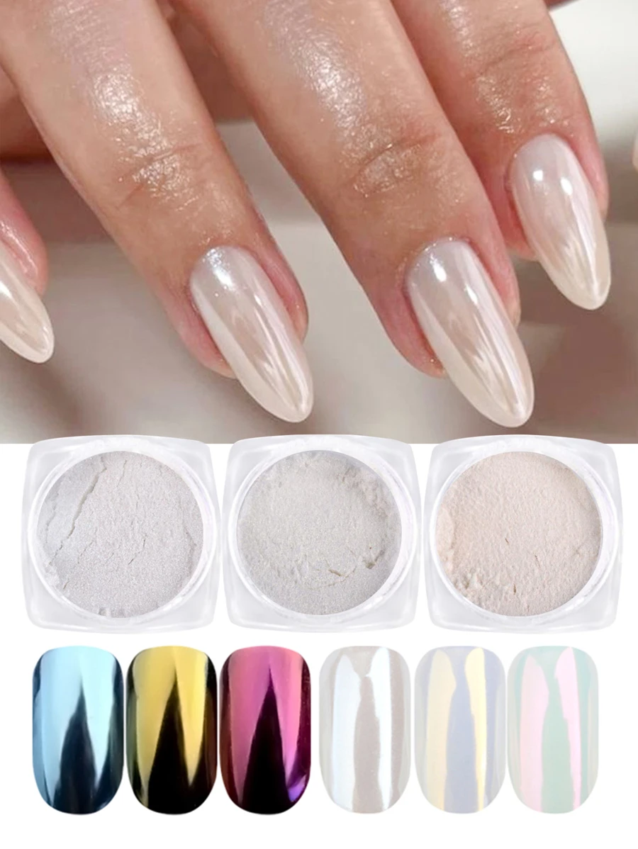 FULL BEAUTY 3 Boxes Faux Pearl Chrome Nail Powder White Gold Purple Nail Glitter Pigment Moonlight Pearlcent Rubbing Nails Art Decoration - White - View 1