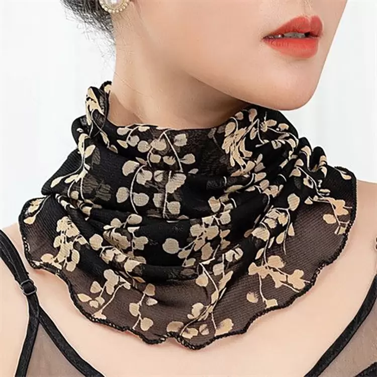 1pc Multi-Use Face Mask Scarf, Elastic Slip-On Versatile Multifunctional Ear-Loop Face Cover Veil Fake Collar, Lightweight Lace Mesh Fabric, Black Solid Color And Exquisite Printed Pattern Options - Black and White - View 1