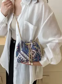 Mini Fashionable Color Block Drawstring Design Crossbody Bag