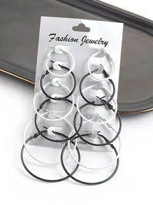 12入組/套簡約風和時尚耳朵首飾類帶不同尺寸圓耳環適合女士 - 黑與白 - 查看 3