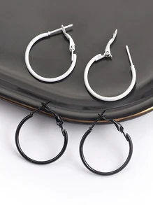 12入組/套簡約風和時尚耳朵首飾類帶不同尺寸圓耳環適合女士 - 黑與白 - 查看 2