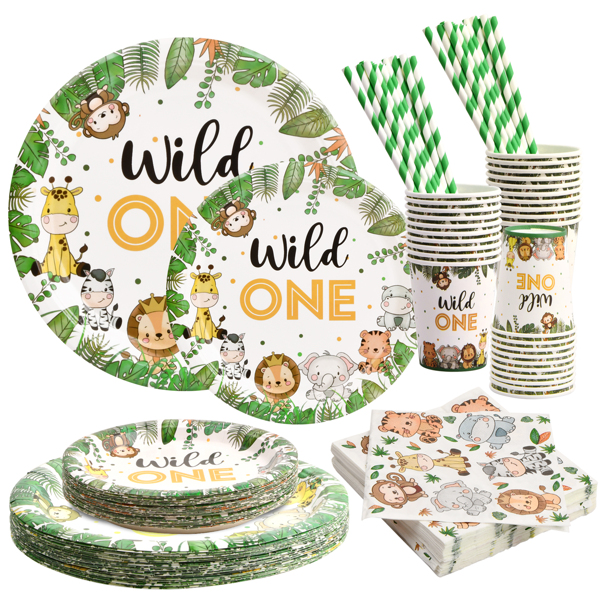 Decoraciones de cumpleaños "Uno Salvaje" Juego de platos para 25 invitados, Platos, vasos, servilletas y pajitas de temática de Selva para Baby Shower, Juego de Vajilla para fiesta de 1er cumpleaños de niños, Suministros para fiesta de Navidad