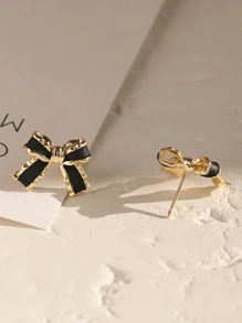 1 对优雅的黑色蝴蝶结设计耳环，高档感十足，流行设计，情人节、妈妈、母亲、母亲节、礼物 - 金黃色 - 查看 3