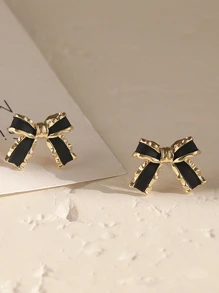 1 对优雅的黑色蝴蝶结设计耳环，高档感十足，流行设计，情人节、妈妈、母亲、母亲节、礼物 - 金黃色 - 查看 4