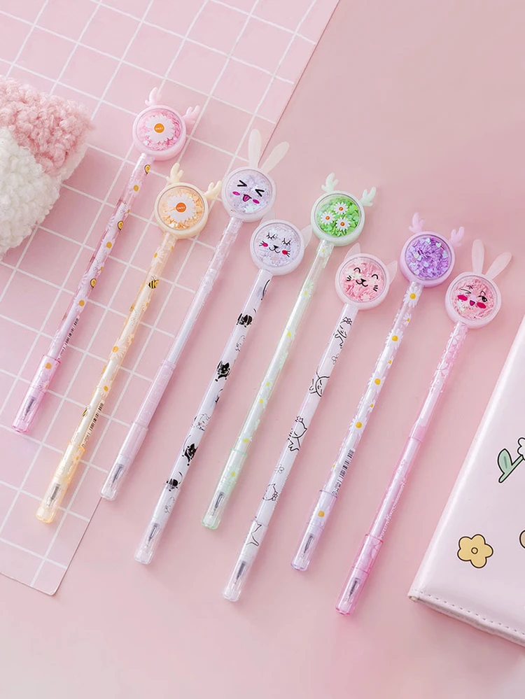 4pcs/set Random Glitter Ballpoint Pens For Students - Cute Rabbit, Butterfly, Deer, And Fish Design With Cap