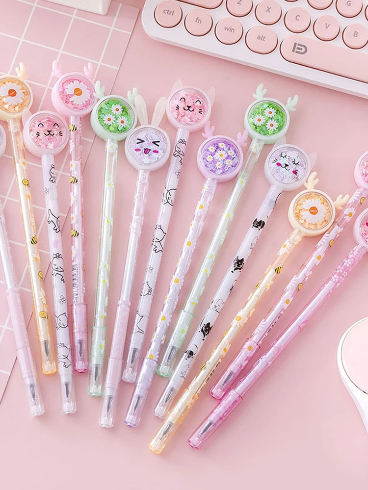 4pcs/set Random Glitter Ballpoint Pens For Students - Cute Rabbit, Butterfly, Deer, And Fish Design With Cap