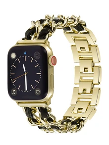 1入組金鍊 + 黑色皮革女士手袋鏈條風格金屬環皮革帶，適用於 Apple Watch 2 3 4 5 6 Se 7 8，適用於 38/40/41/42/44/45mm、49mm 女士豪華金屬皮革帶，免工具調整手腕尺寸 - 彩色 - 查看 1