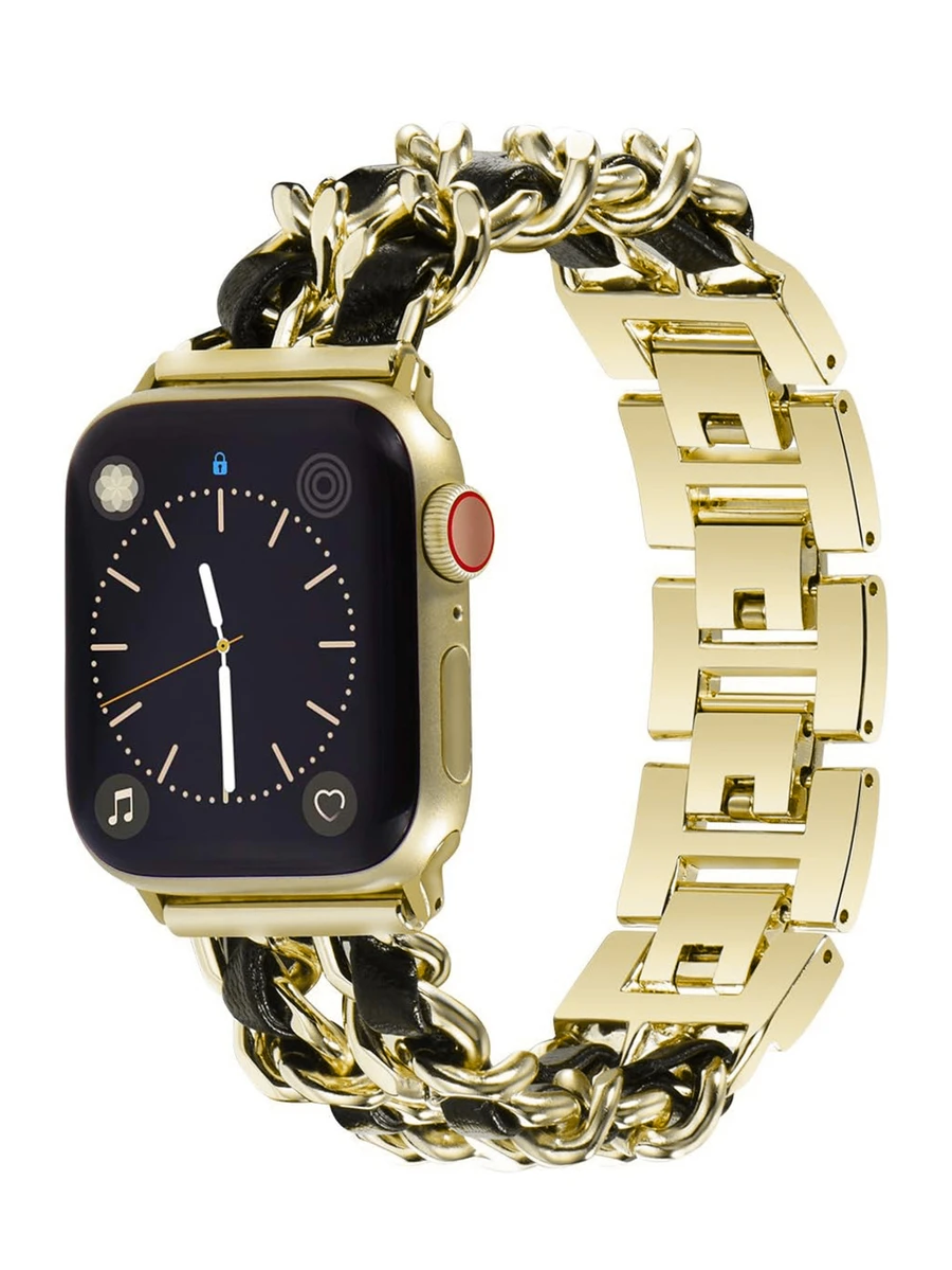 1入組金鍊 + 黑色皮革女士手袋鏈條風格金屬環皮革帶，適用於 Apple Watch 2 3 4 5 6 Se 7 8，適用於 38/40/41/42/44/45mm、49mm 女士豪華金屬皮革帶，免工具調整手腕尺寸 - 彩色 - 查看 1