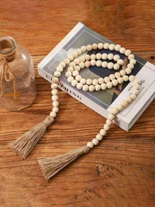 1pc Farmhouse Style Wooden Bead Garland With Tassel And Wreath, Bohemian Prayer Bead Wall Hanging For Rustic Decoration Best Gifts Rama Decoration Rama - Khaki - View 3