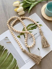 1pc Farmhouse Style Wooden Bead Garland With Tassel And Wreath, Bohemian Prayer Bead Wall Hanging For Rustic Decoration Best Gifts Rama Decoration Rama - Khaki - View 5