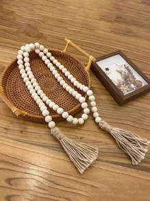 1pc Farmhouse Style Wooden Bead Garland With Tassel And Wreath, Bohemian Prayer Bead Wall Hanging For Rustic Decoration Best Gifts Rama Decoration Rama - Khaki - View 6