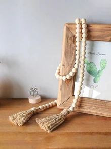 1pc Farmhouse Style Wooden Bead Garland With Tassel And Wreath, Bohemian Prayer Bead Wall Hanging For Rustic Decoration Best Gifts Rama Decoration Rama - Khaki - View 7