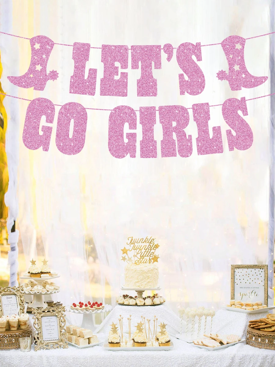 一起来吧，彩色闪光横幅，单身派对装饰，女牛仔生日，最后的女牛仔竞技横幅 - 粉色 - 查看 1