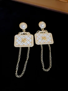 1對時尚誇張的包包設計女款耳環,帶有人造珍珠掉落鏈和流蘇搖擺飾品 - 金色 - 查看 5