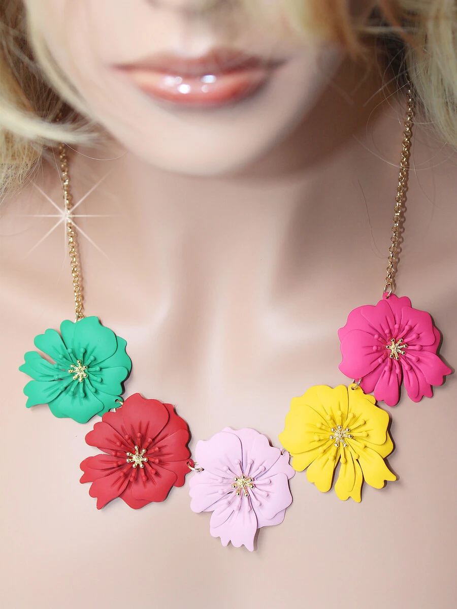 Flower Decor Necklace - Multicolor - View 1