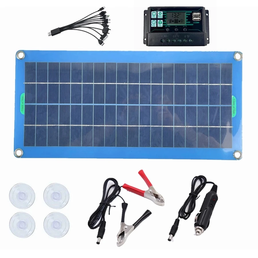 300W Solar Panel 12V 5V Dual USB Controller Waterproof Monocrystalin Solar Cells Battery Charger -100A - Blue - View 1