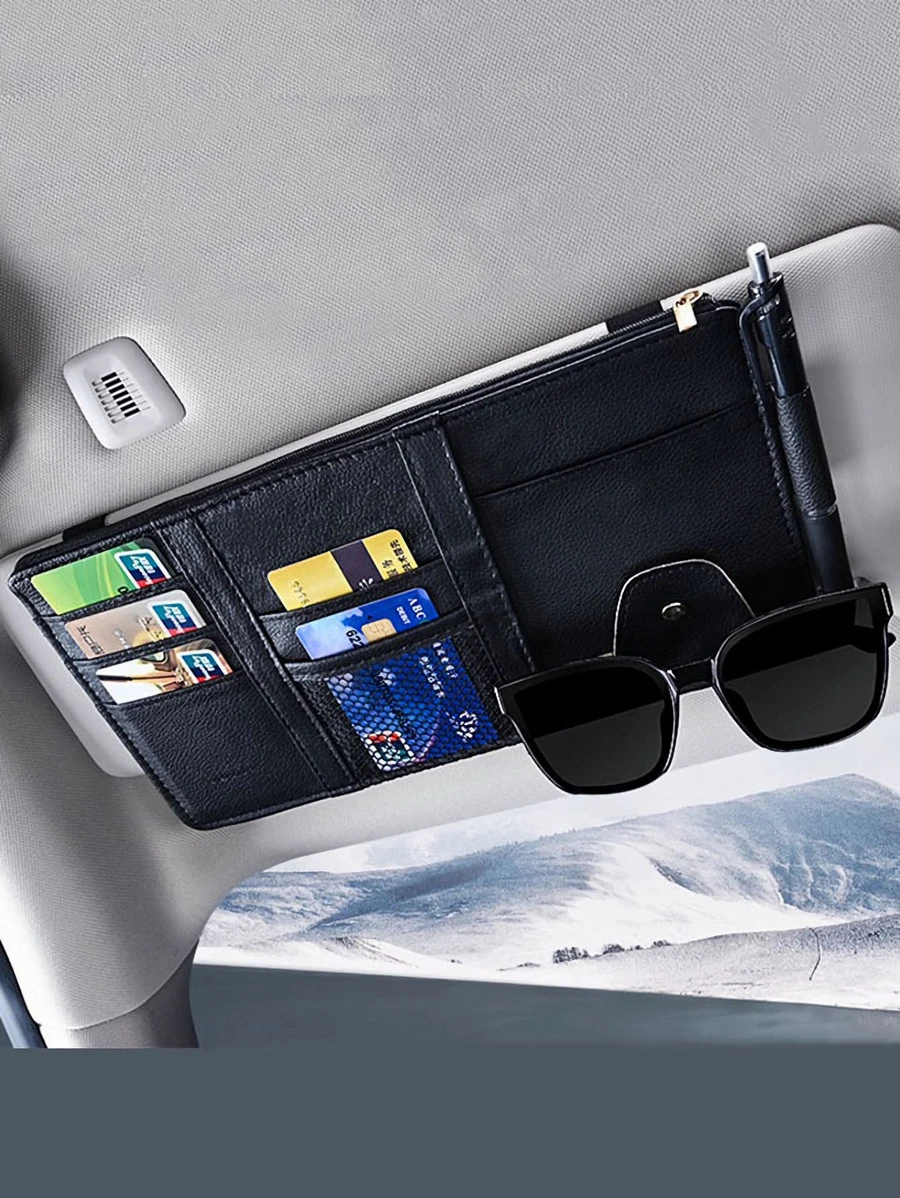 1pc PU Leather Car Sun Visor Card Storage Bag - Black - View 1