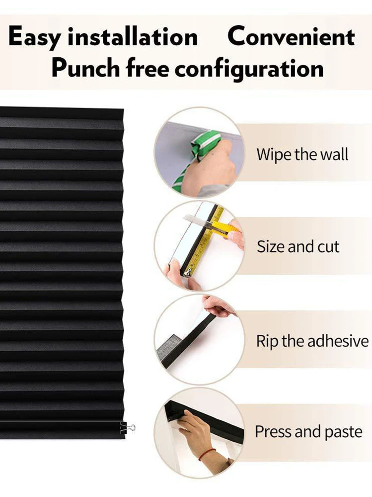 1pc No-Tool Pleated Curtain Panels, Temporary Curtain, Self-Adhesive Blinds, Easy To Cut And Install, Cordless - Black - View 4