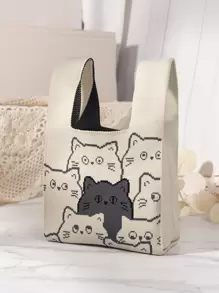 迷你輕便可折疊針織托特包和手腕包帶貓樣式和顏色阻塞設計適用於度假 - 白色 - 查看 2