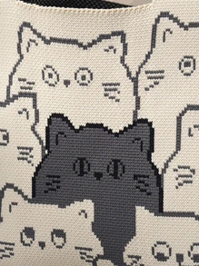 迷你輕便可折疊針織托特包和手腕包帶貓樣式和顏色阻塞設計適用於度假 - 白色 - 查看 6