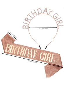 2 件/套女士生日皇冠、玫瑰金生日腰带和女士生日头饰套装、公主水钻生日头饰女士生日礼物、甜美生日快乐配饰