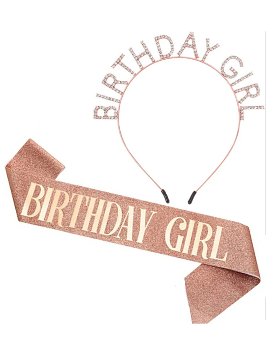 2 件/套女士生日皇冠、玫瑰金生日腰带和女士生日头饰套装、公主水钻生日头饰女士生日礼物、甜美生日快乐配饰