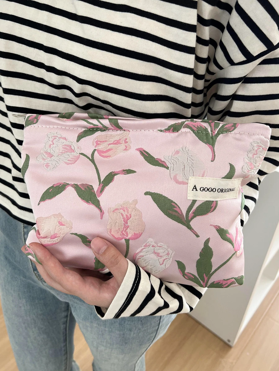 Dung lượng lớn Túi trang điểm , 1 Miếng Hình hoa Polyester Có thể mang đi Hình vuông Bảo quản đồ trang điểm Đối với Lưu trữ Túi mỹ phẩm - Hồng - Xem 1