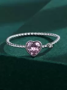 Anillo minimalista de corazón rosa de plata de ley 925 con cuerda/trenzado de cristal para mujer, estilo de caja aleatorio, diseño simple y elegante