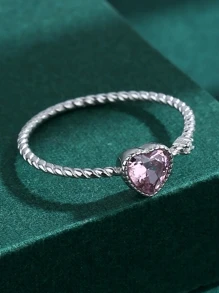 Anillo minimalista de corazón rosa de plata de ley 925 con cuerda/trenzado de cristal para mujer, estilo de caja aleatorio, diseño simple y elegante
