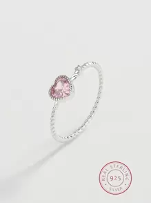 Anillo minimalista de corazón rosa de plata de ley 925 con cuerda/trenzado de cristal para mujer, estilo de caja aleatorio, diseño simple y elegante