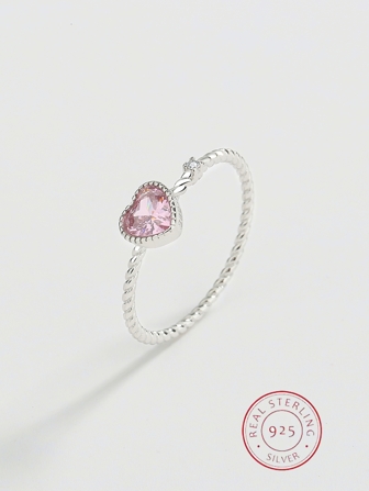 1pc S925 Sterling Silver Pink Twisted Rope Crystal Heart Ring, Minimalist Korean Style Knuckle Ring, Suitable For Gift, Date, Party, Daily Wear, Women's Fine Jewelry
