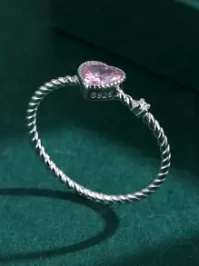 Anillo minimalista de corazón rosa de plata de ley 925 con cuerda/trenzado de cristal para mujer, estilo de caja aleatorio, diseño simple y elegante