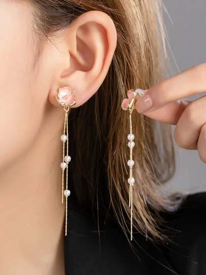 1對粉色人造氧化鋯花朵設計長款夾式耳環適合女士,多用途風格生日禮物