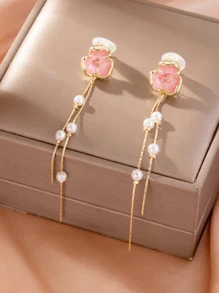 1對粉色人造氧化鋯花朵設計長款夾式耳環適合女士,多用途風格生日禮物 - 粉色 - 查看 2