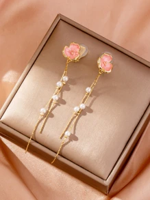 1對粉色人造氧化鋯花朵設計長款夾式耳環適合女士,多用途風格生日禮物 - 粉色 - 查看 3