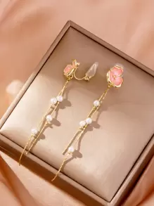 1對粉色人造氧化鋯花朵設計長款夾式耳環適合女士,多用途風格生日禮物 - 粉色 - 查看 5