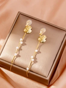 1對粉色人造氧化鋯花朵設計長款夾式耳環適合女士,多用途風格生日禮物 - 粉色 - 查看 4